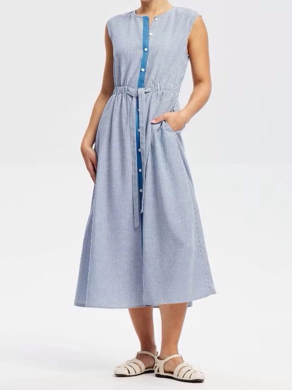 Striped Blue Tie-Waist Midi Dress with Button Front